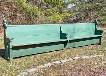 A Large Antique Painted Oak Church Pew With Celtic Cross Motif On Ends