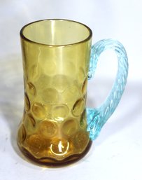 Victorian Inverted Thumbprint Blue Glass Handled Mug In Amber Late 19th`