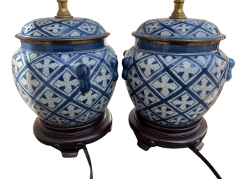 Pair Of Vintage Ceramic Urn Lamps With Burnished Wood Base