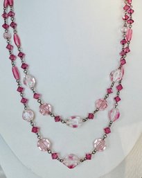 BEAUTIFUL VINTAGE DOUBLE STRAND OF PINK GLASS BEADS NECKLACE