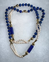 14k Lapis Lazuli Gold And Cultured Pearl Necklace