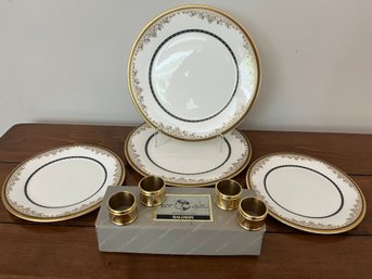 4 Pc Royal Doulton Winchester Bone China Plates Plus Baldwin Brass Napkin Ring Set