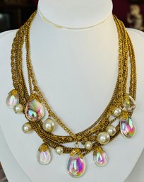 PRETTY GOLD TONE FAUX PEARLS AND PLASTIC TEAR DROP MULTI CHAIN NECKLACE