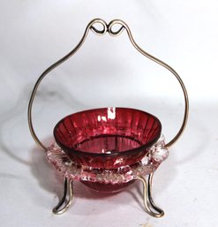 English Silver Plate Master Salt Having Cranberry Glass Liner Victorian