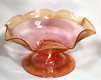 Antique Cranberry Glass Amber Threaded Ruffled Footed Compote