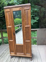 Stunning Solid Oak Victorian Armoire With Mirror Door & Carved Wood Detail