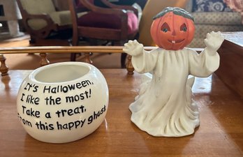 Its Halloween Vigor Made In China Bowl & Pumpkin Faced Ghost Planter.