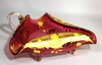 Victorian Moser Type Gold Decorated Footed Nappy Cranberry Rubina Glass