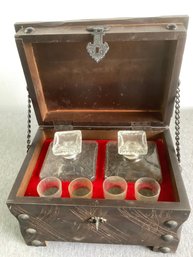 Shot Glasses And Decanters Set In Carved Wooden Box