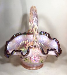 Artist Signed Hand Painted Pink And Purple Opalescent Handled Ruffled Bride's Basket