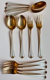 Vintage 1950s David Andersen Norway Radhus Gold Wash Sterling Guilloshe Enamel Teaspoons & Forks , Set Of 12