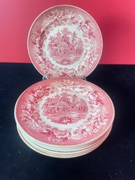 Vintage 'Avon Cottage' Red Pink Transferware Plates