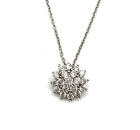 Vintage Sterling Silver With Clear Stones Flower Pendant Necklace