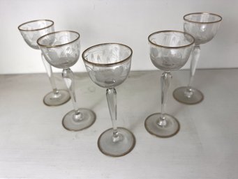 Antique Set Of Five Etched Cordial Glasses With Gilt Rims