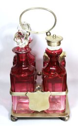 Antique Victorian Silver Plate Cranberry Glass Rubina Castor Set Late 19th Cent.