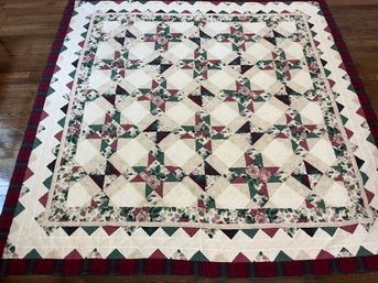 Full Size Quilt - Floral & Diamond Pattern Cotton Reversible With Flannel Edge