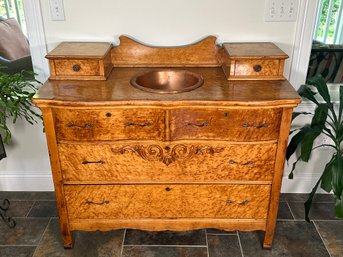 Stunning Antique Birdseye Maple Dresser Made Into Vanity With Copper Sink