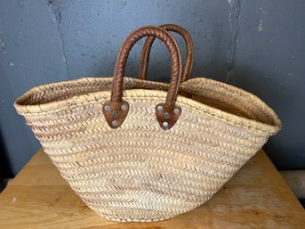 Straw Market Basket Tote With Leather Handles