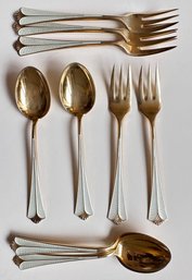 Vintage 1950s David Andersen Norway Radhus Gold Wash Sterling Guilloshe Enamel Teaspoons & Forks (set Of 10)