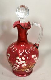 Victorian Cranberry Glass Hand Painted Enamel Cruet 1880s