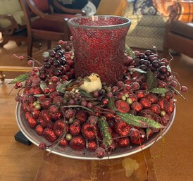 Holiday Center Piece Decorated With Glittery Berries & A Pretty Battery-operated Candle Holder