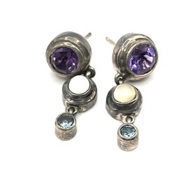 Vintage Boma Designer Sterling Silver Multicolor Stone Dangle Earrings