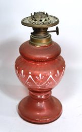 Victorian Cranberry Enamel Decorated Diminutive Oil Lamp