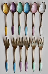 Vintage Frigast Denmark Gold Wash Sterling Guilloshe Enamel Demitasse Spoons And Forks (set Of 12)