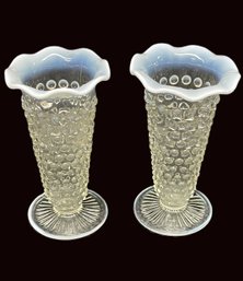 Pair Of Opalescent Moonstone Hobnail Bud Vases