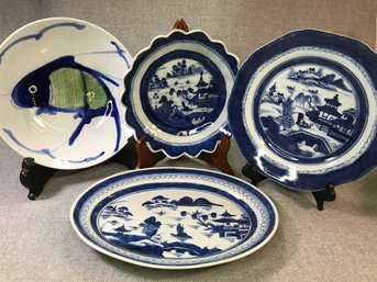 Lot A - (4) Piece Group Antique / Vintage Blue & White Asian Pottey / Porcelain - Canton Type & Others - Nice