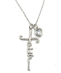Vintage Sterling Silver 'faith' With Clear Stone Heart Pendant Necklace