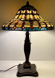 Tiffany Style Table Lamp - Dual Bulb Pull Chain - Iridescent Slag Glass  - 23 H X 16 - Beige Brown Amber Blue
