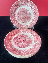 Vintage 'Avon Cottage' Red Pink Transferware Small Round Plates