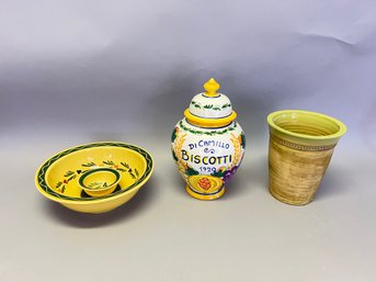Lot Of 3 Ceramic Items Including Dipito A Mano Biscotti Jar
