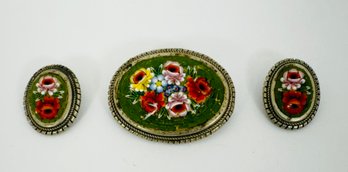 VINTAGE ITALIAN MICRO MOSAIC FLORAL BROOCH AND CLIP-ON EARRINGS