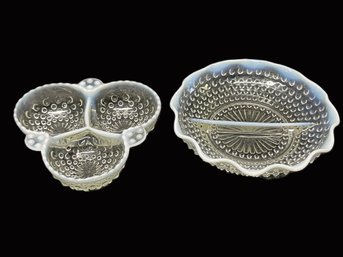 Set Of Two White Opalescent Moonstone Hobnail Divided Serving Dishes