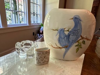 Handpainted Bird Vase 1987, Toothpick Holder And Candle Holder