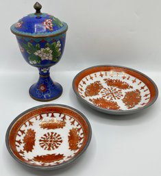 Antique Chinese Cloisonne Covered Enamel Bowl &  2 Japanese Pewter Encased Porcelain Dishes