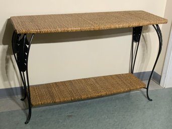 Wicker & Wrought Iron Sofa Table With Palm Leaf Accents & Shelf