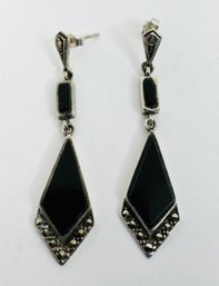 VINTAGE ART DECO STERLING SILVER ONYX AND MARCASITE DANGLE EARRINGS