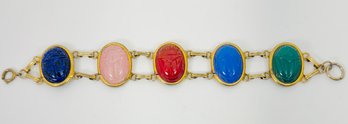 LARGE GOLD TONE CARVED GLASS SCARAB BRACELET