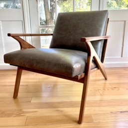 LOC2 - A Crate & Barrel Cavett Leather Walnut Wood Frame Accent Chair