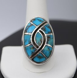 Large Native American Handmade Inlaid Turquoise Sterling Silver Ring