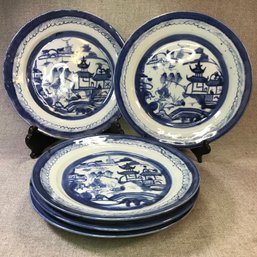 Lot B (5) Piece Group Antique Vintage Blue & White Asian Pottery / Porcelain - Canton Type - Very Pretty !