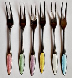 Vintage Frigast Denmark Sterling Silver Guilloshe Enamel Cocktail Fruit Forks (set Of 6)