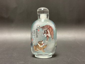 An Exquisite Reverse-Painted Asian Snuff Bottle With Tiger & Bird Designs