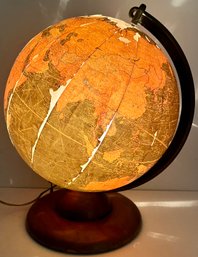 Vintage Glass Lighted Library Globe - Black Oceans - Replogle Chicago - Rotating - Wooden Base - 16 X 12