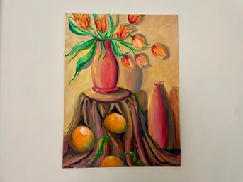 Still Life Featuring Orange Tulips, Original Oil On Canvas