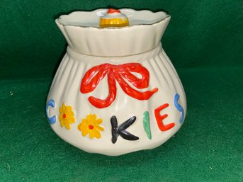 Vintage COOKIES Jar. U.S.A. Colorful Lettering With Bow. Marked 201 On Base.