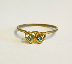 Vintage, Very Petite Gold? Double Heart Aquamarine Chip Ring- Size 5.5/6